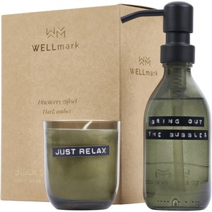WELLmark 126311 - Set di dispenser di sapone per le mani da 200 ml e candela profumata da 150 g con fragranza ambra scura Wellmark Discovery Forest Green